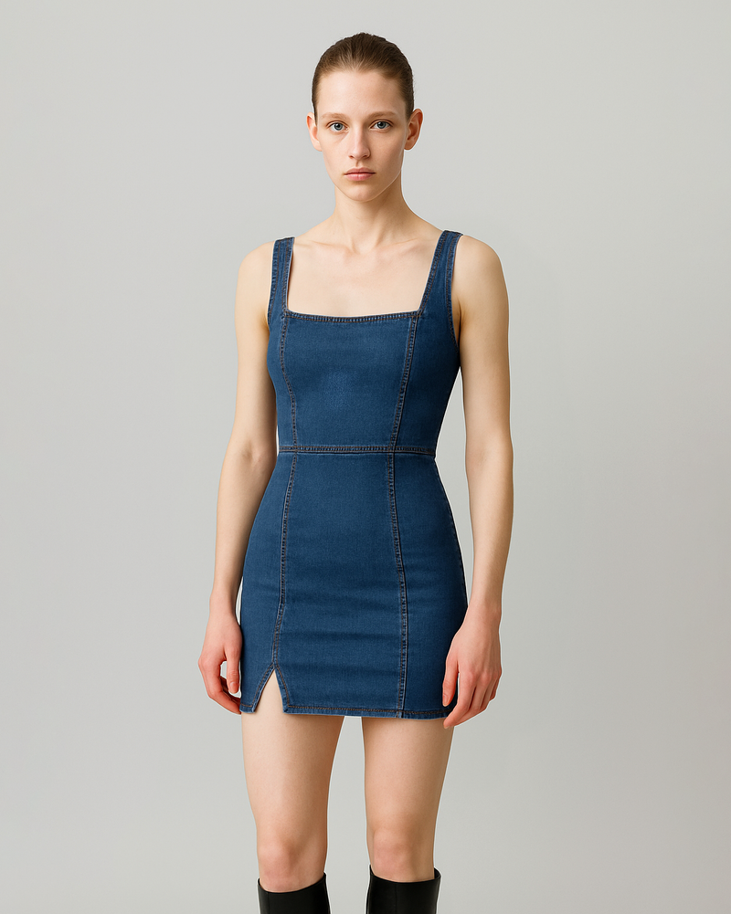 Vestido Jeans Alça Fenda