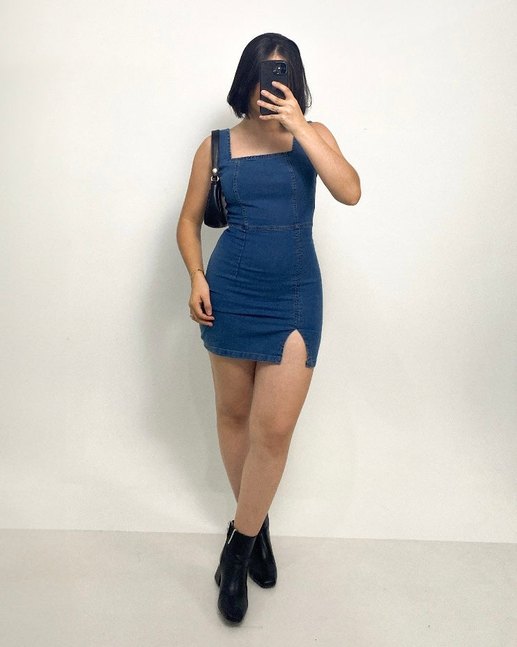 Vestido Jeans Alça Fenda